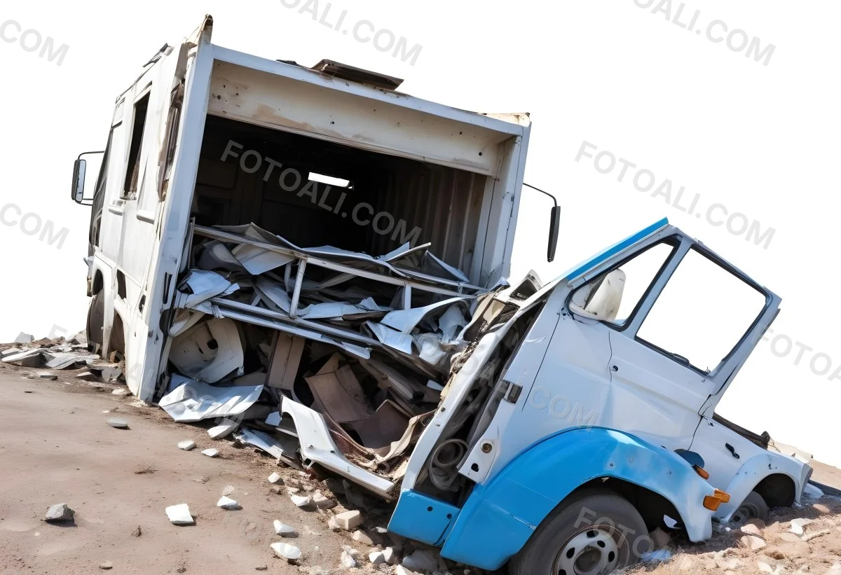 Wrecked White Truck With A Smashed Cabin And A Load Of Metal Sheets Isolated On A White Background Showing The Aftermath Of A Severe Accident 13 A2db