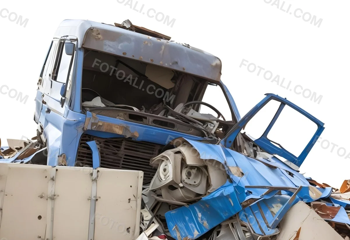 Wrecked White Truck With A Smashed Cabin And A Load Of Metal Sheets Isolated On A White Background Showing The Aftermath Of A Severe Accident 14 010c