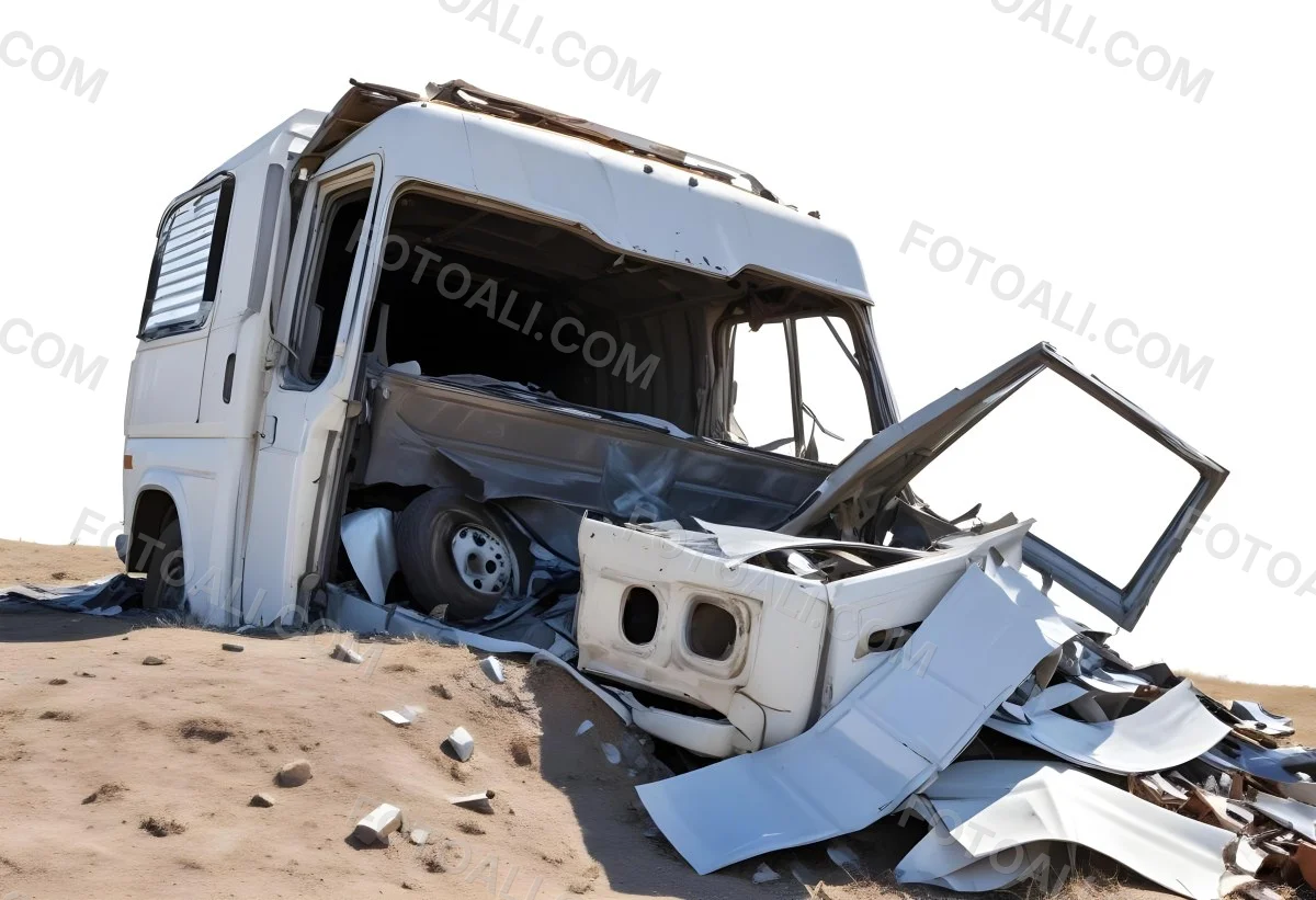 Wrecked White Truck With A Smashed Cabin And A Load Of Metal Sheets Isolated On A White Background Showing The Aftermath Of A Severe Accident 18 Def2