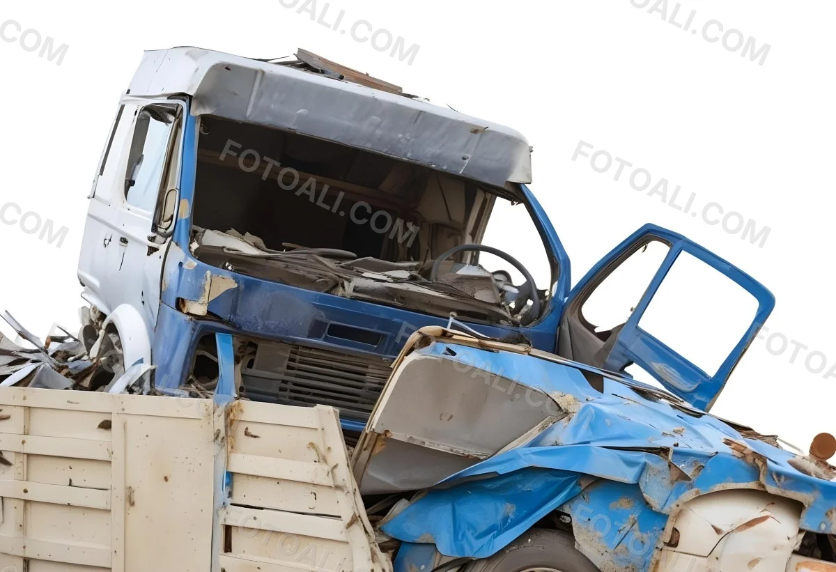 Wrecked White Truck With A Smashed Cabin And A Load Of Metal Sheets Isolated On A White Background Showing The Aftermath Of A Severe Accident 2 9f80