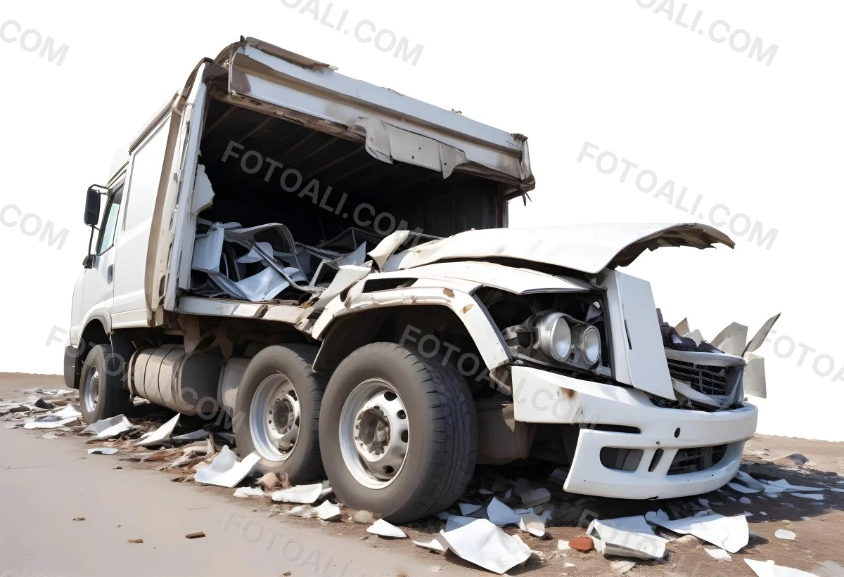 Wrecked White Truck With A Smashed Cabin And A Load Of Metal Sheets Isolated On A White Background Showing The Aftermath Of A Severe Accident 20 48a7