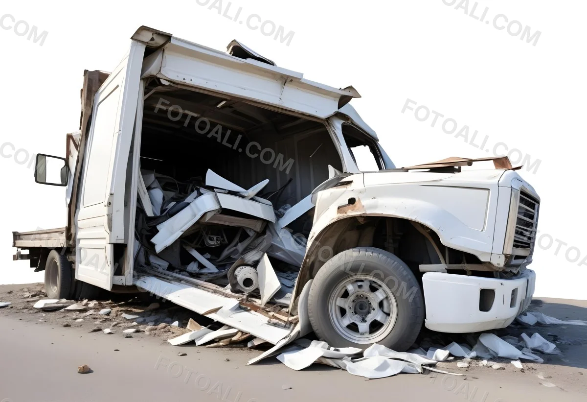 Wrecked White Truck With A Smashed Cabin And A Load Of Metal Sheets Isolated On A White Background Showing The Aftermath Of A Severe Accident 22 8c41
