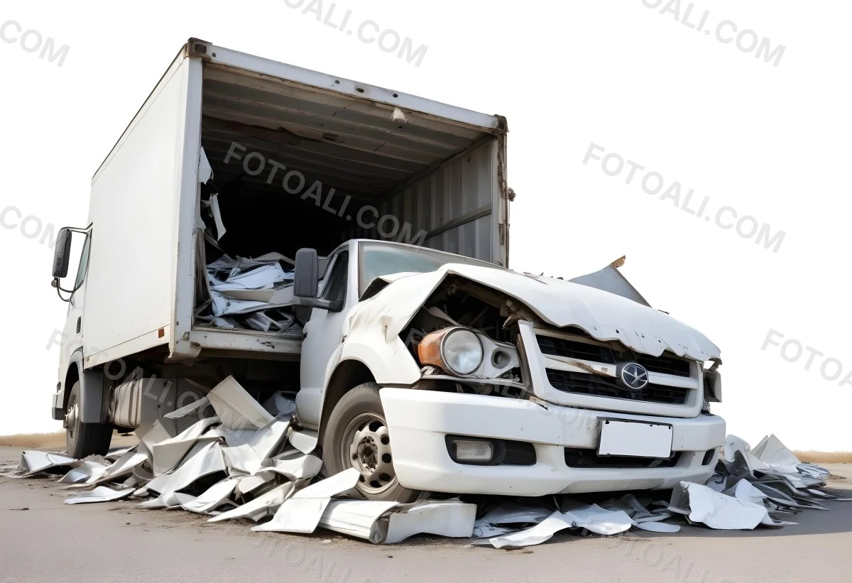 Wrecked White Truck With A Smashed Cabin And A Load Of Metal Sheets Isolated On A White Background Showing The Aftermath Of A Severe Accident 23 Ea0e