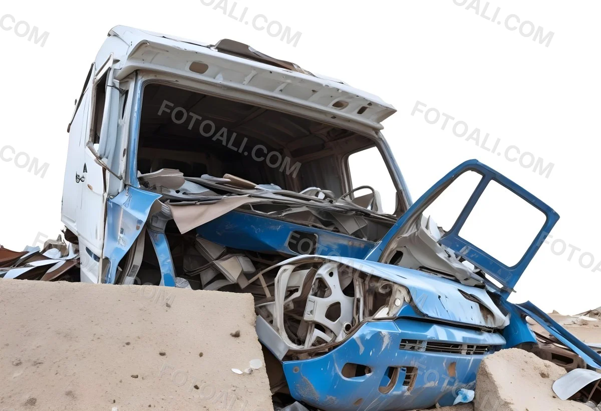 Wrecked White Truck With A Smashed Cabin And A Load Of Metal Sheets Isolated On A White Background Showing The Aftermath Of A Severe Accident 3 842b