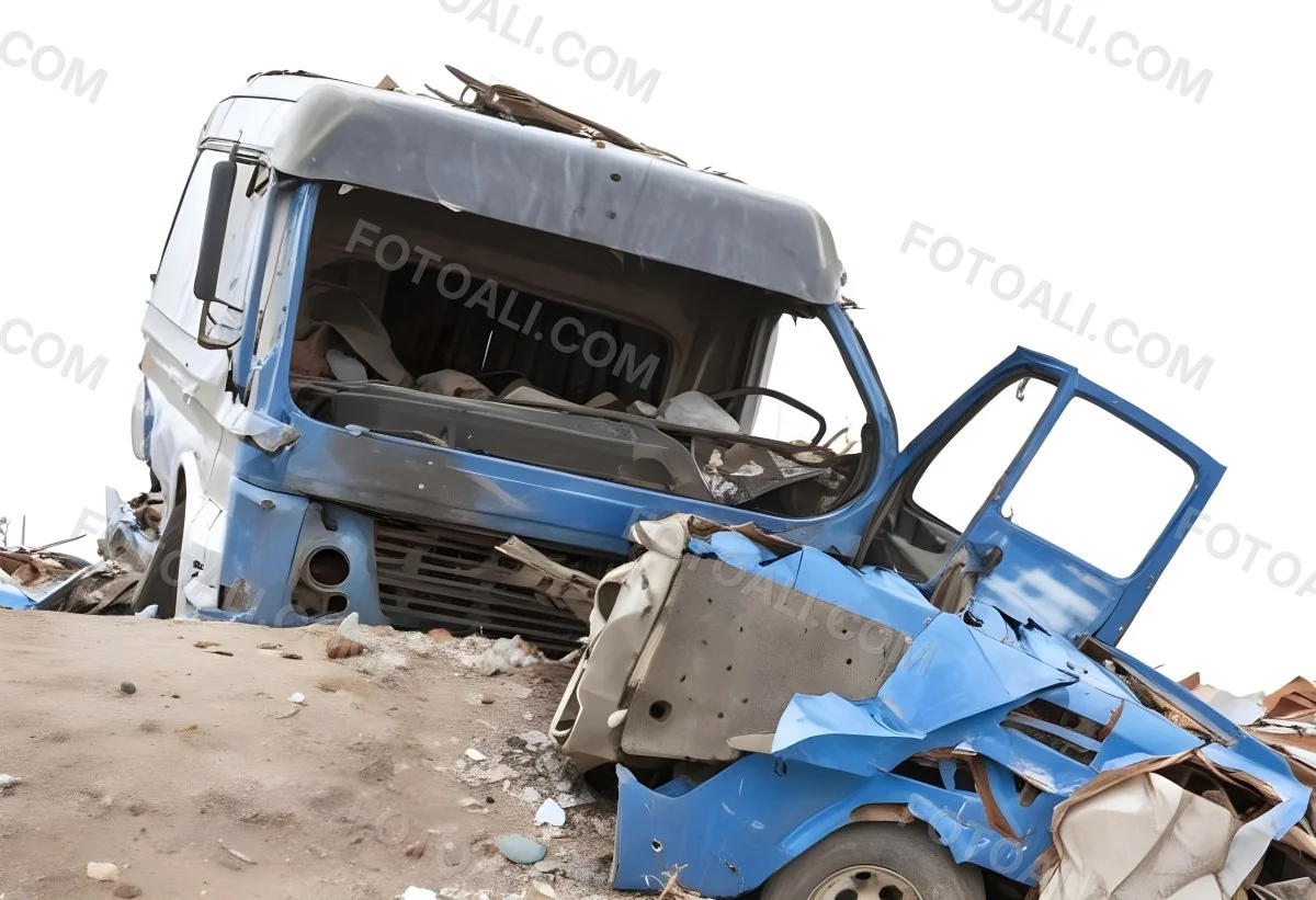 Wrecked White Truck With A Smashed Cabin And A Load Of Metal Sheets Isolated On A White Background Showing The Aftermath Of A Severe Accident 6 0936