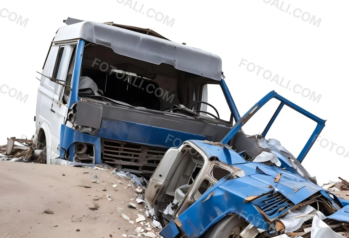 Wrecked White Truck With A Smashed Cabin And A Load Of Metal Sheets Isolated On A White Background Showing The Aftermath Of A Severe Accident 8 9550