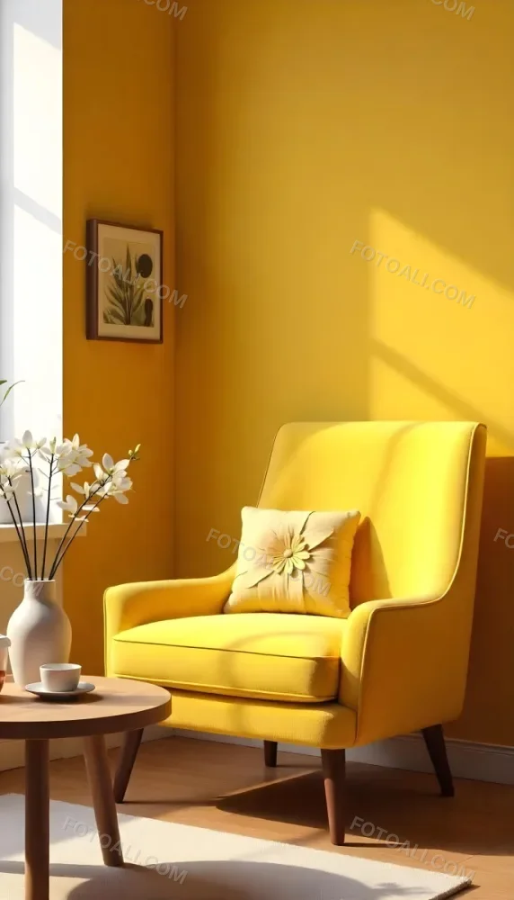 Yellow Armchair With A Flower Pillow Next To A Wooden Table With A Vase Of White Flowers A Cup Of Tea And A Candle With A Yellow Wall And A Framed Picture In The Background 11 3a05
