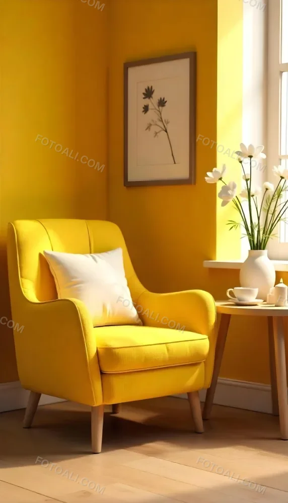 Yellow Armchair With A Flower Pillow Next To A Wooden Table With A Vase Of White Flowers A Cup Of Tea And A Candle With A Yellow Wall And A Framed Picture In The Background 12 7920