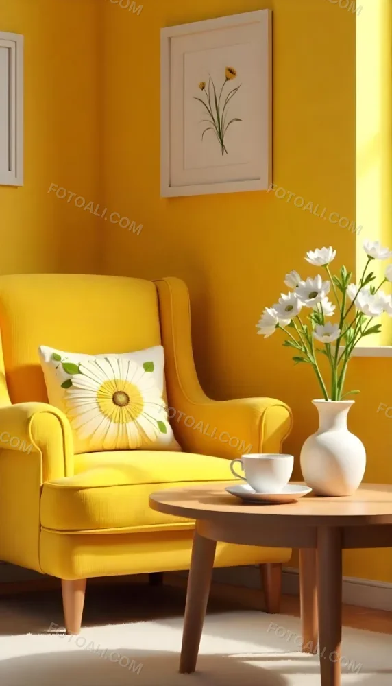 Yellow Armchair With A Flower Pillow Next To A Wooden Table With A Vase Of White Flowers A Cup Of Tea And A Candle With A Yellow Wall And A Framed Picture In The Background 13 C2c4