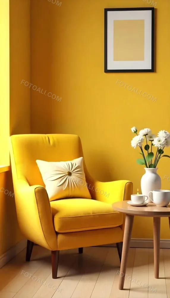 Yellow Armchair With A Flower Pillow Next To A Wooden Table With A Vase Of White Flowers A Cup Of Tea And A Candle With A Yellow Wall And A Framed Picture In The Background 14 8fa2