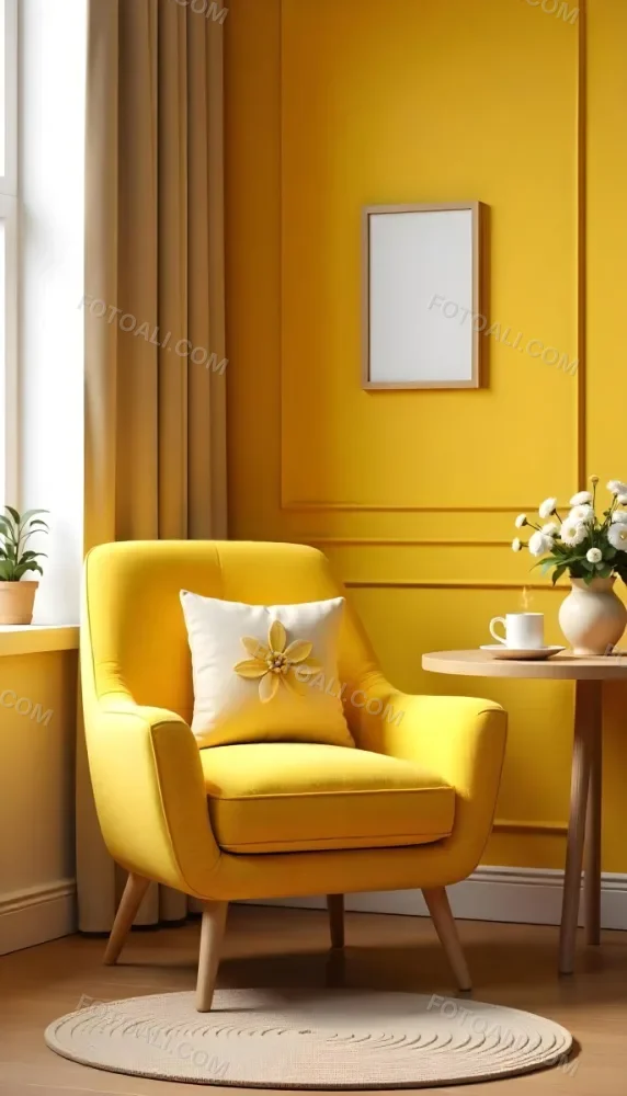 Yellow Armchair With A Flower Pillow Next To A Wooden Table With A Vase Of White Flowers A Cup Of Tea And A Candle With A Yellow Wall And A Framed Picture In The Background 15 Dc70