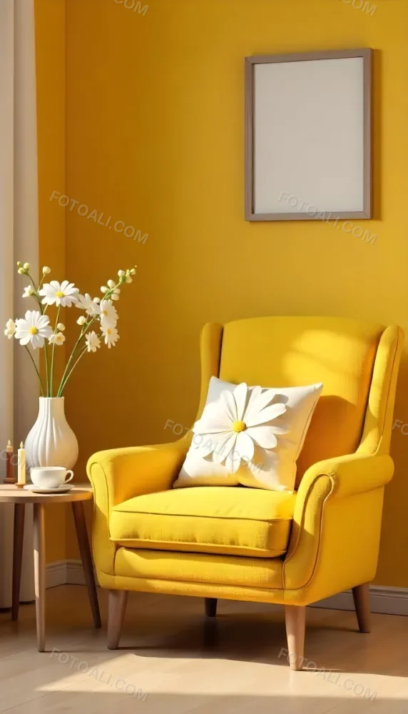 Yellow Armchair With A Flower Pillow Next To A Wooden Table With A Vase Of White Flowers A Cup Of Tea And A Candle With A Yellow Wall And A Framed Picture In The Background 16 4dae