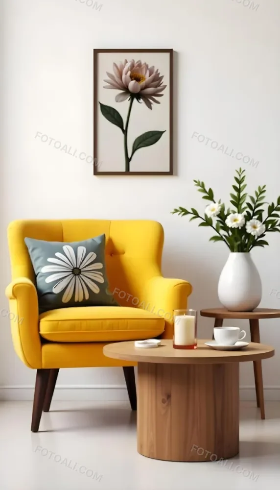 Yellow Armchair With A Flower Pillow Next To A Wooden Table With A Vase Of White Flowers A Cup Of Tea And A Candle With A Yellow Wall And A Framed Picture In The Background 17 943b