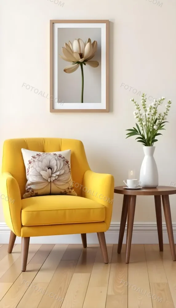 Yellow Armchair With A Flower Pillow Next To A Wooden Table With A Vase Of White Flowers A Cup Of Tea And A Candle With A Yellow Wall And A Framed Picture In The Background 18 9e21