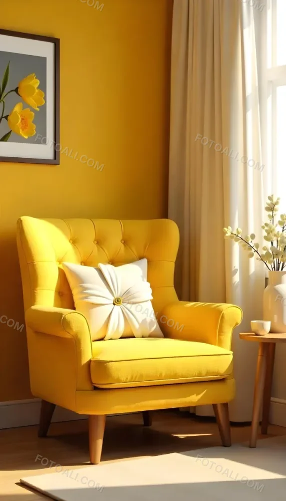 Yellow Armchair With A Flower Pillow Next To A Wooden Table With A Vase Of White Flowers A Cup Of Tea And A Candle With A Yellow Wall And A Framed Picture In The Background 2 E929