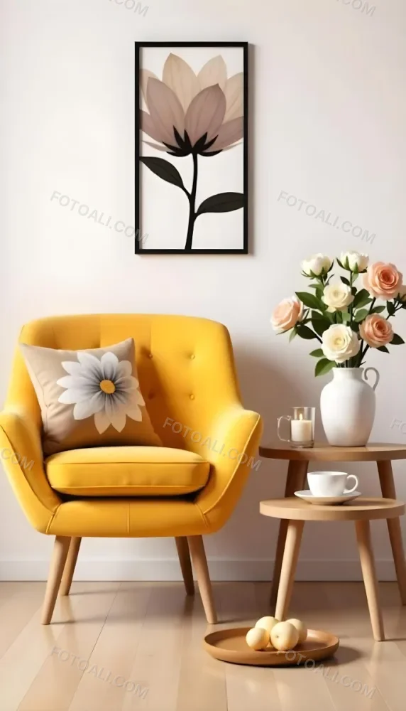 Yellow Armchair With A Flower Pillow Next To A Wooden Table With A Vase Of White Flowers A Cup Of Tea And A Candle With A Yellow Wall And A Framed Picture In The Background 20 Cbf7
