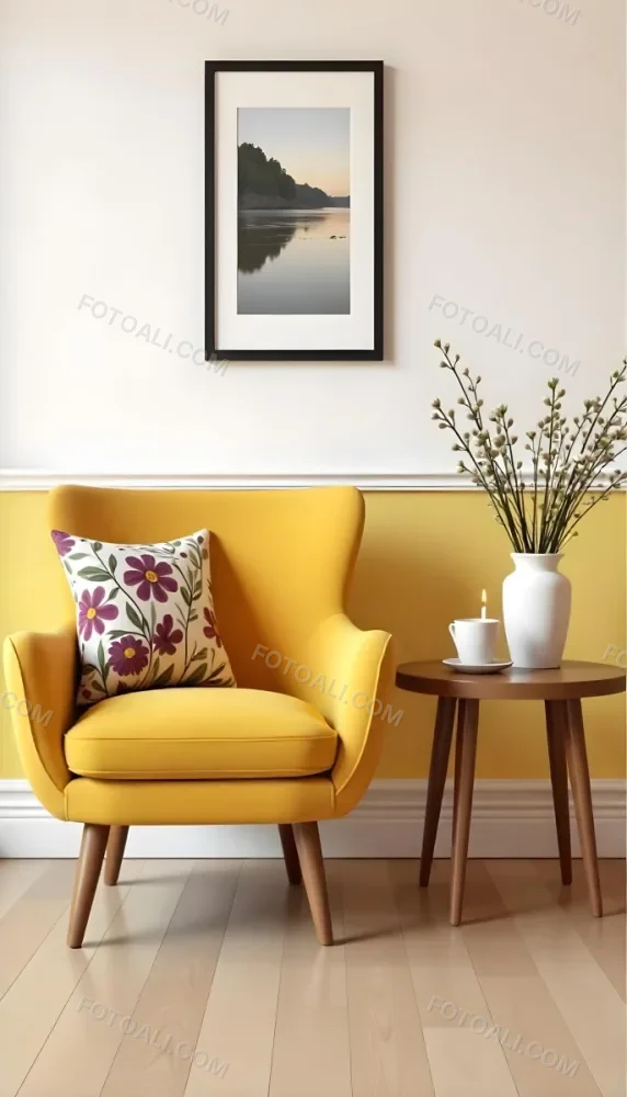 Yellow Armchair With A Flower Pillow Next To A Wooden Table With A Vase Of White Flowers A Cup Of Tea And A Candle With A Yellow Wall And A Framed Picture In The Background 21 D326