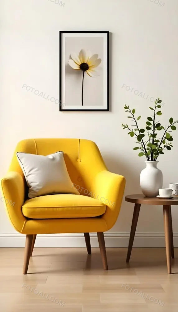 Yellow Armchair With A Flower Pillow Next To A Wooden Table With A Vase Of White Flowers A Cup Of Tea And A Candle With A Yellow Wall And A Framed Picture In The Background 22 244d