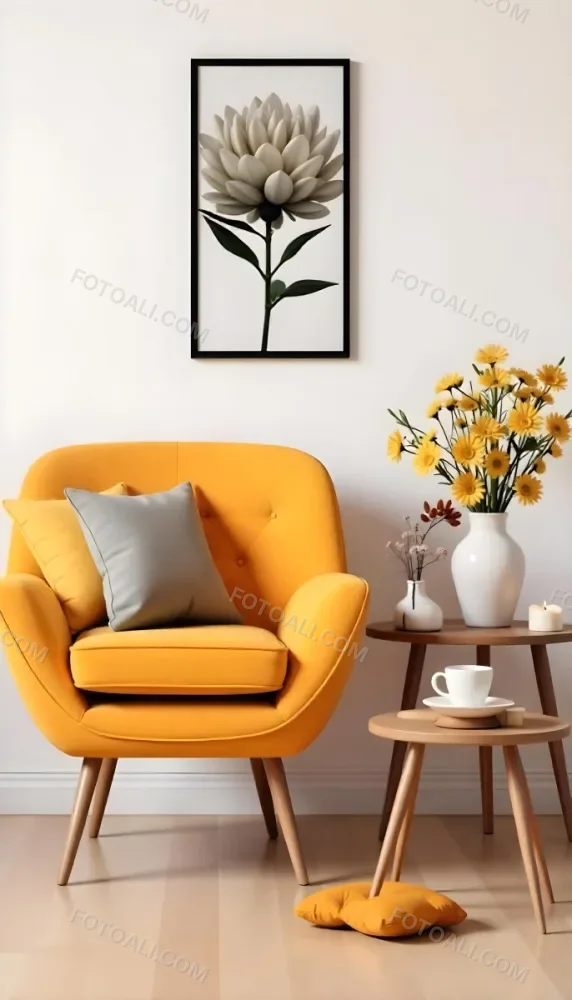 Yellow Armchair With A Flower Pillow Next To A Wooden Table With A Vase Of White Flowers A Cup Of Tea And A Candle With A Yellow Wall And A Framed Picture In The Background 23 E389