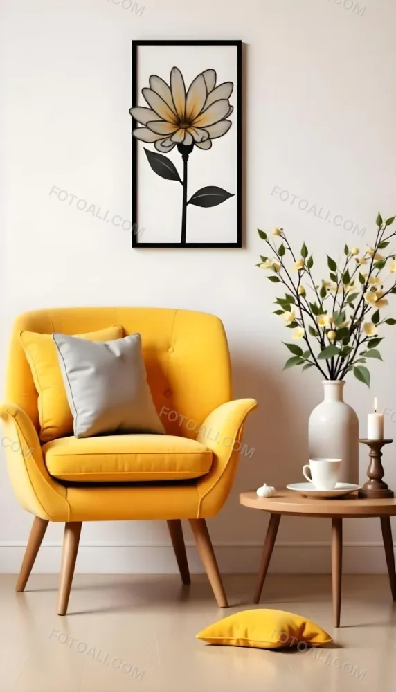 Yellow Armchair With A Flower Pillow Next To A Wooden Table With A Vase Of White Flowers A Cup Of Tea And A Candle With A Yellow Wall And A Framed Picture In The Background 24 B3fb