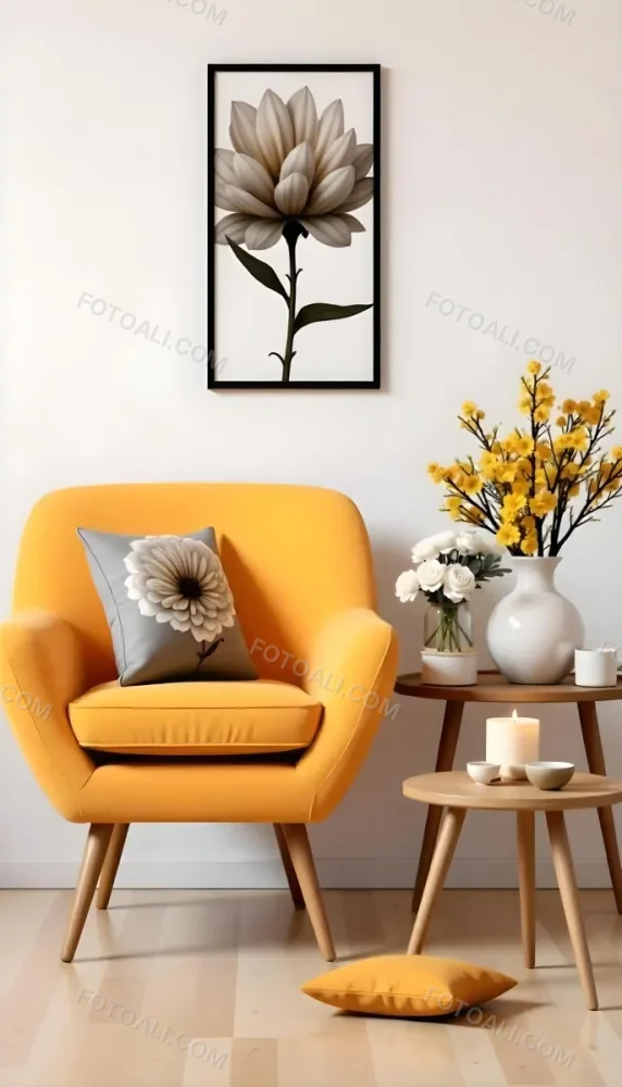 Yellow Armchair With A Flower Pillow Next To A Wooden Table With A Vase Of White Flowers A Cup Of Tea And A Candle With A Yellow Wall And A Framed Picture In The Background 26 266a