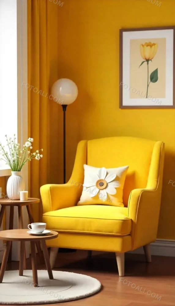 Yellow Armchair With A Flower Pillow Next To A Wooden Table With A Vase Of White Flowers A Cup Of Tea And A Candle With A Yellow Wall And A Framed Picture In The Background 3 7ade