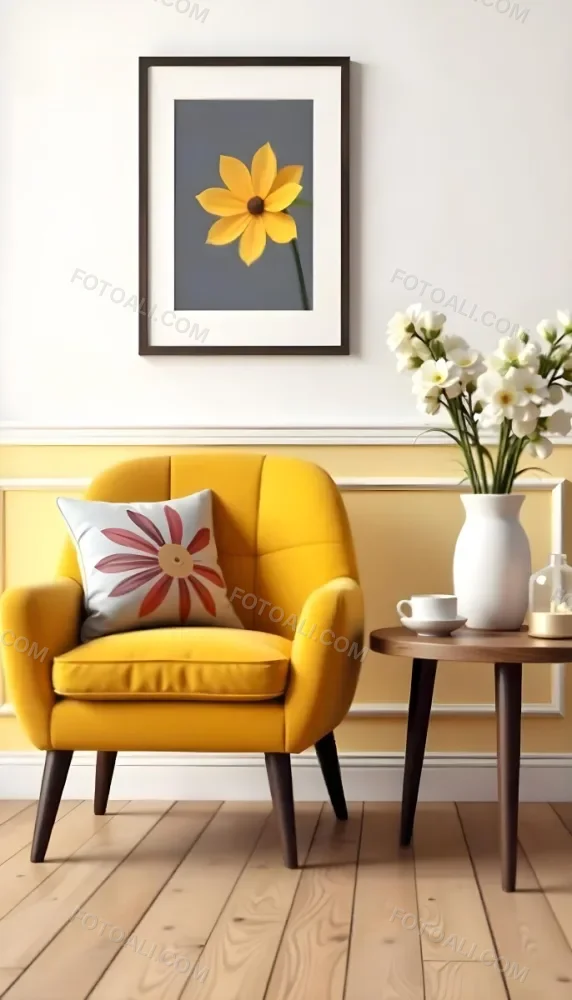 Yellow Armchair With A Flower Pillow Next To A Wooden Table With A Vase Of White Flowers A Cup Of Tea And A Candle With A Yellow Wall And A Framed Picture In The Background 7 Ed4e