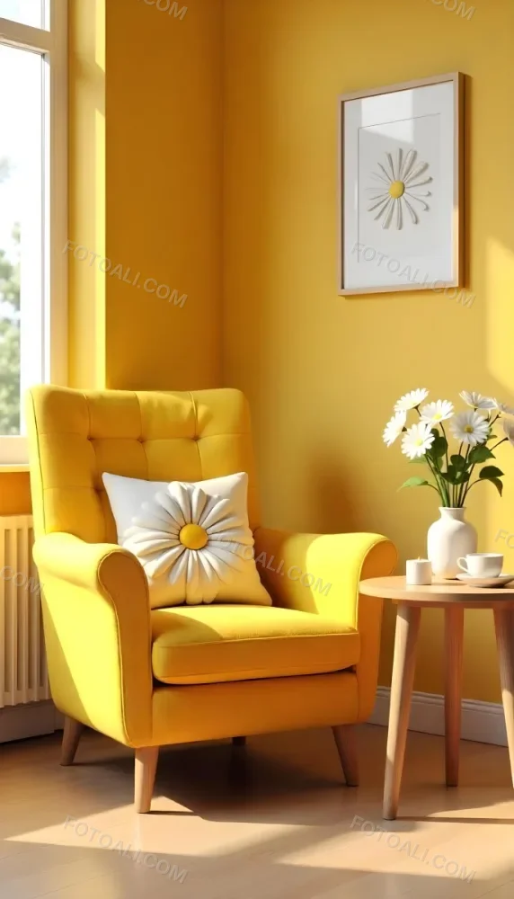 Yellow Armchair With A Flower Pillow Next To A Wooden Table With A Vase Of White Flowers A Cup Of Tea And A Candle With A Yellow Wall And A Framed Picture In The Background 9 Ea5e