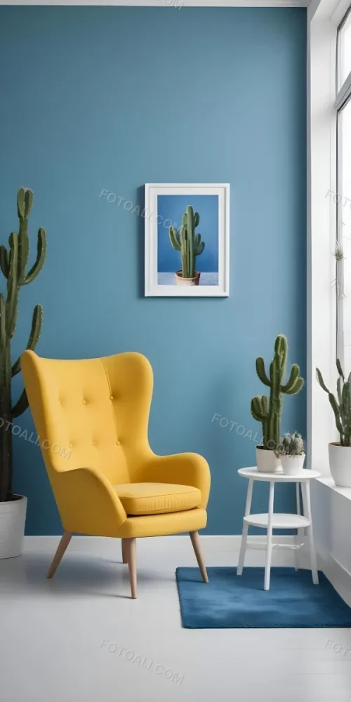 Yellow Armchair With A White Frame On The Wall And A White Table With Cactuses In A Blue Room 1 2546
