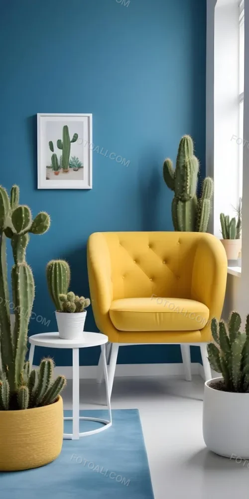 Yellow Armchair With A White Frame On The Wall And A White Table With Cactuses In A Blue Room 10 56dd