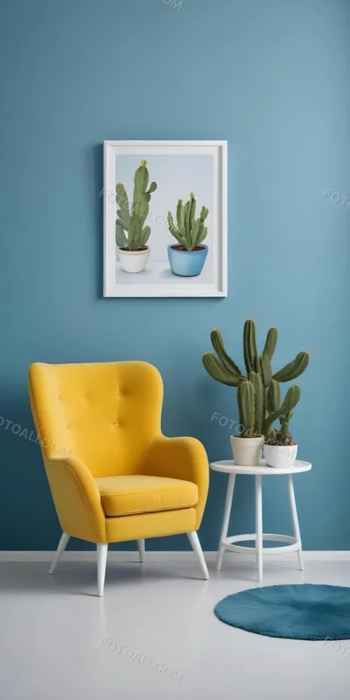Yellow Armchair With A White Frame On The Wall And A White Table With Cactuses In A Blue Room 11 3af3