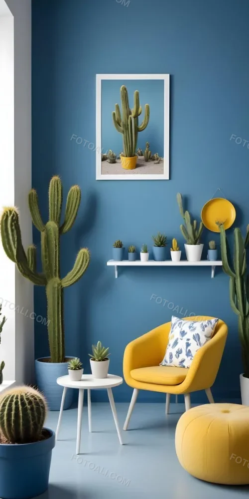 Yellow Armchair With A White Frame On The Wall And A White Table With Cactuses In A Blue Room 12 8d00