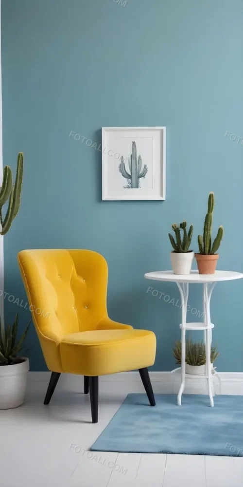 Yellow Armchair With A White Frame On The Wall And A White Table With Cactuses In A Blue Room 13 Cc98