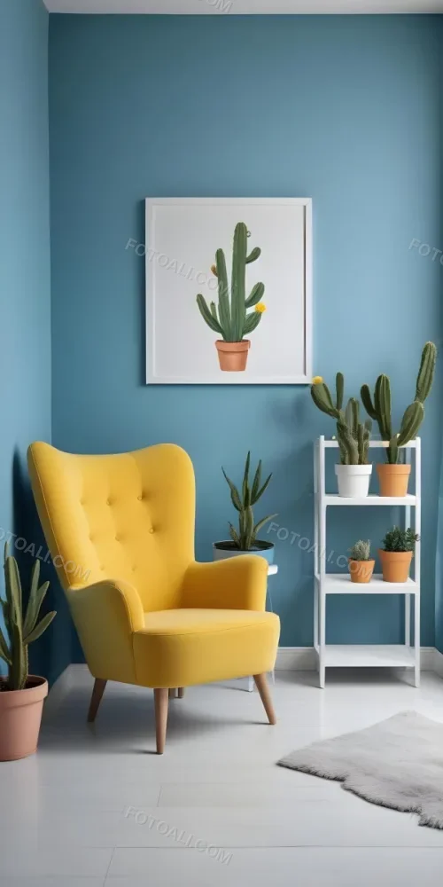 Yellow Armchair With A White Frame On The Wall And A White Table With Cactuses In A Blue Room 14 84e8