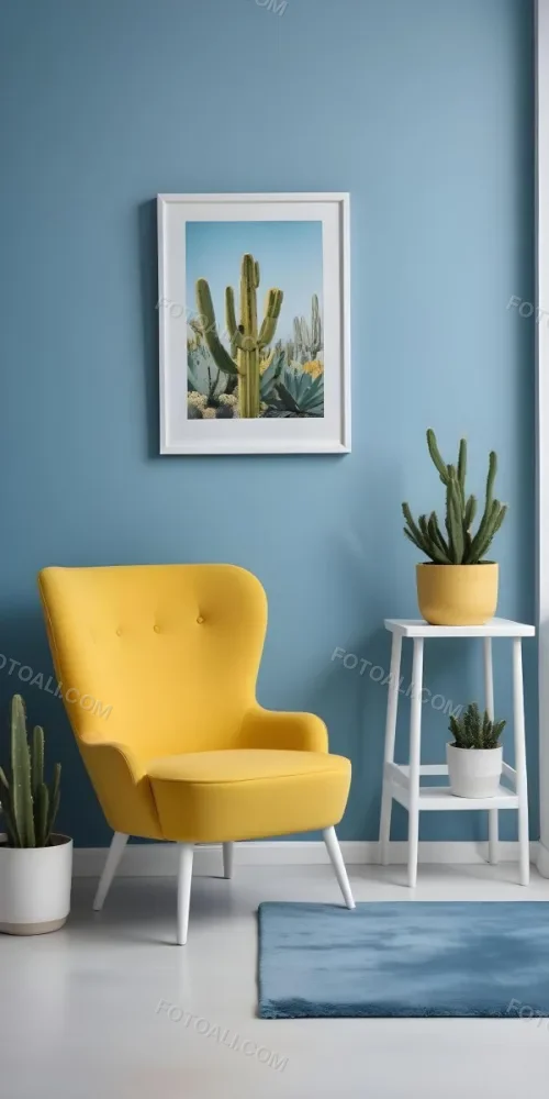 Yellow Armchair With A White Frame On The Wall And A White Table With Cactuses In A Blue Room 16 136a