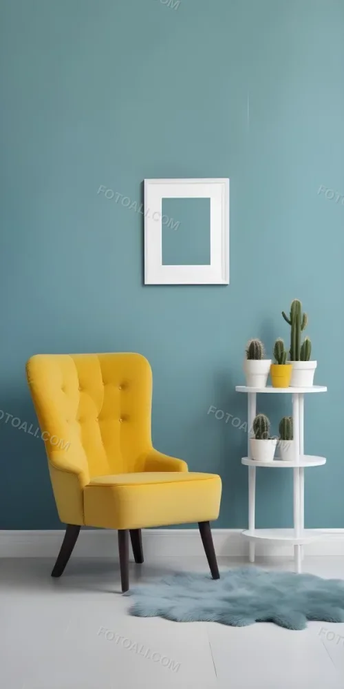 Yellow Armchair With A White Frame On The Wall And A White Table With Cactuses In A Blue Room 17 Bf5e