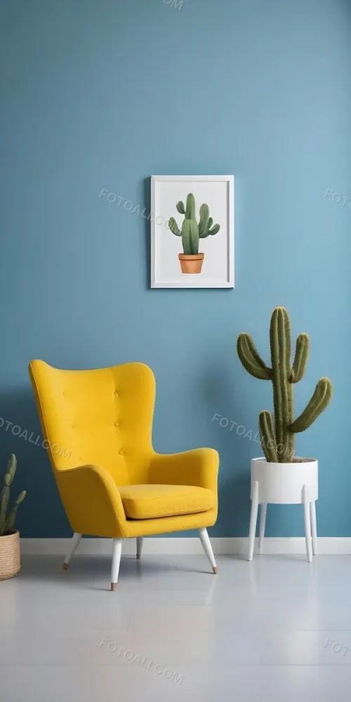 Yellow Armchair With A White Frame On The Wall And A White Table With Cactuses In A Blue Room 18 86fb
