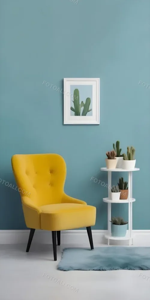 Yellow Armchair With A White Frame On The Wall And A White Table With Cactuses In A Blue Room 19 4a03