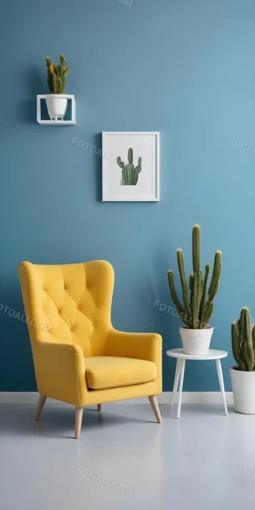 Yellow Armchair With A White Frame On The Wall And A White Table With Cactuses In A Blue Room 2 C9b6