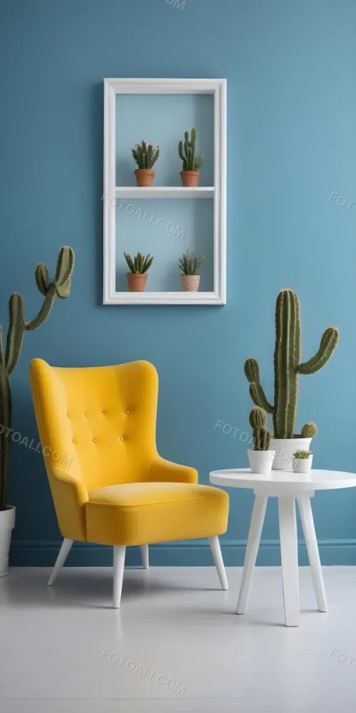 Yellow Armchair With A White Frame On The Wall And A White Table With Cactuses In A Blue Room 20 7f21
