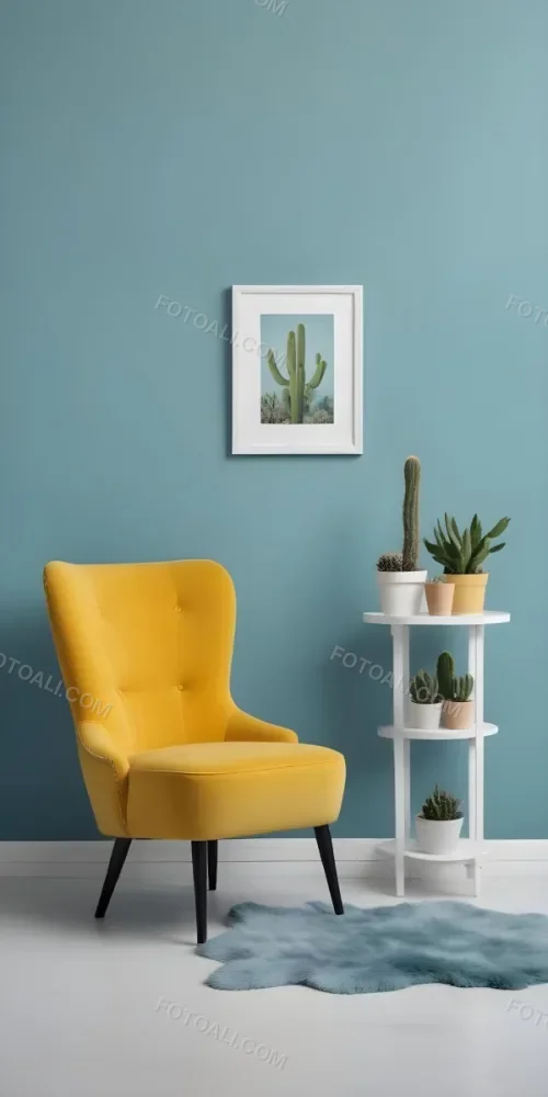 Yellow Armchair With A White Frame On The Wall And A White Table With Cactuses In A Blue Room 21 0b8e