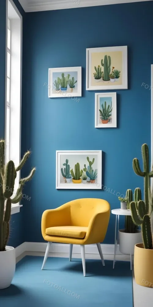 Yellow Armchair With A White Frame On The Wall And A White Table With Cactuses In A Blue Room 22 Cff0