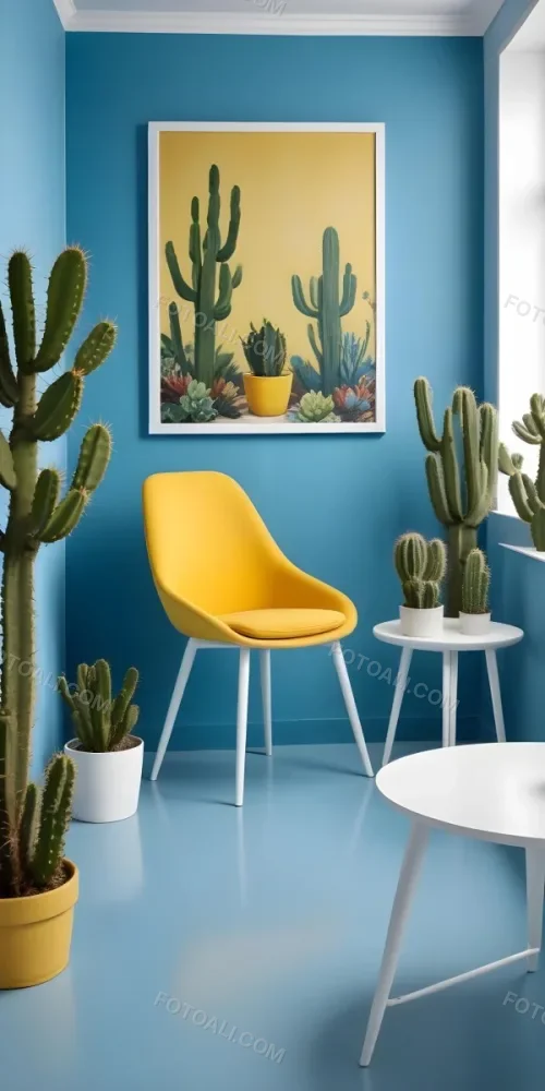 Yellow Armchair With A White Frame On The Wall And A White Table With Cactuses In A Blue Room 24 6990