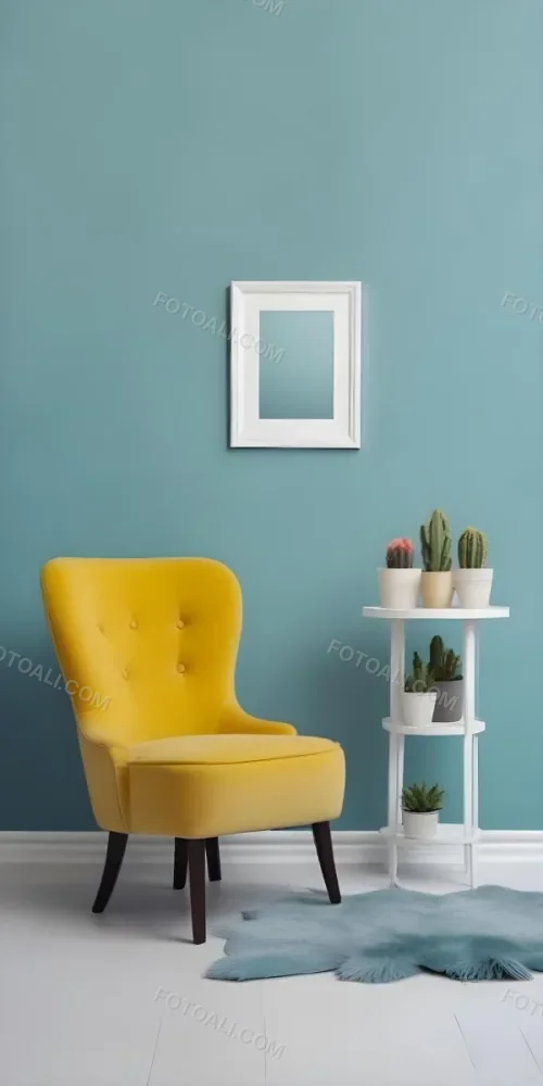 Yellow Armchair With A White Frame On The Wall And A White Table With Cactuses In A Blue Room 25 3e7b