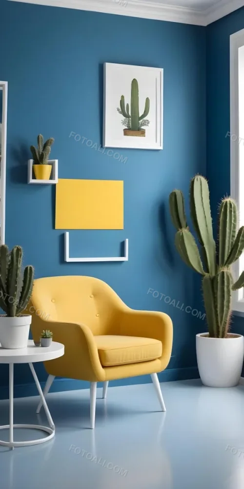 Yellow Armchair With A White Frame On The Wall And A White Table With Cactuses In A Blue Room 26 0958