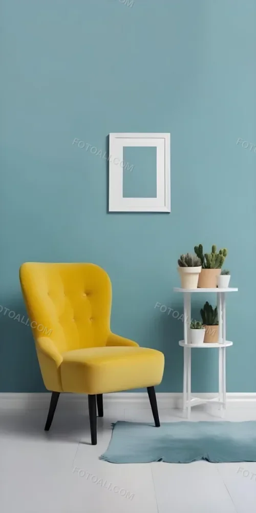 Yellow Armchair With A White Frame On The Wall And A White Table With Cactuses In A Blue Room 27 2254