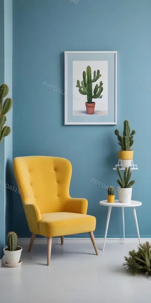 Yellow Armchair With A White Frame On The Wall And A White Table With Cactuses In A Blue Room 28 Caaa