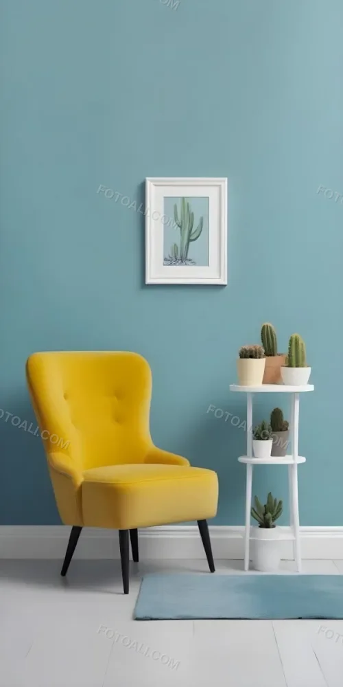 Yellow Armchair With A White Frame On The Wall And A White Table With Cactuses In A Blue Room 29 Cd62