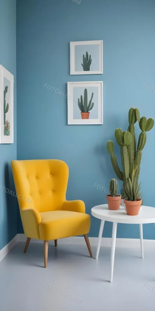 Yellow Armchair With A White Frame On The Wall And A White Table With Cactuses In A Blue Room 30 202e