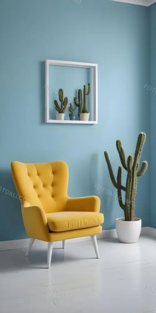 Yellow Armchair With A White Frame On The Wall And A White Table With Cactuses In A Blue Room 31 80d7